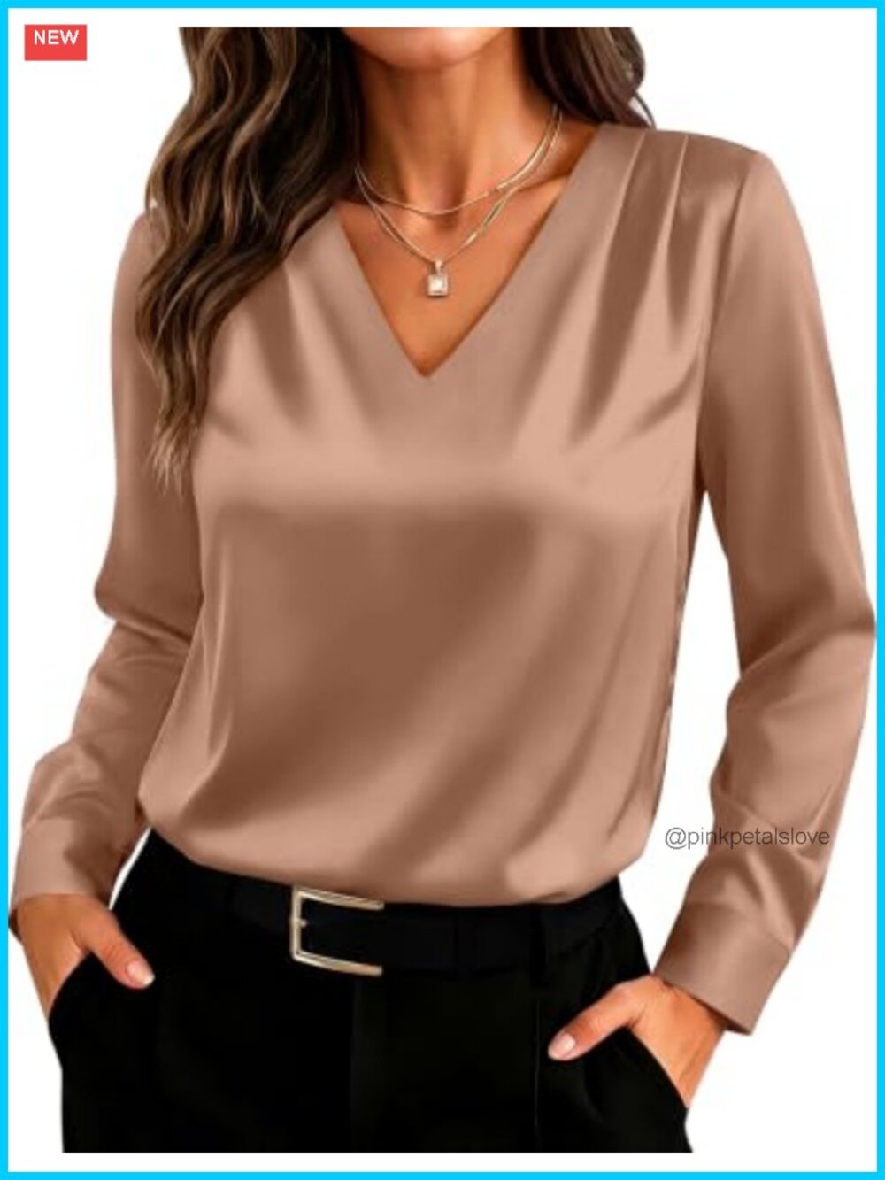 Satin V-Neck Blouse Ruched Shoulder Business Casual Work Top